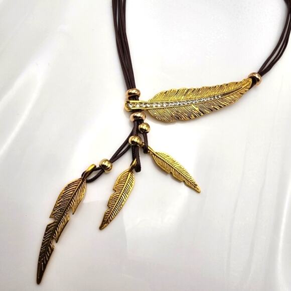 Gold Feather Boho Rhinestone Necklace - Picture 1 of 5